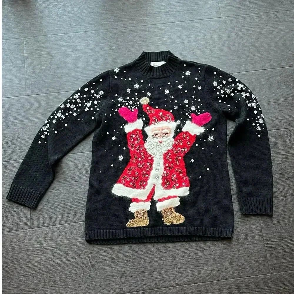 Susan Bristol Christmas Santa Embroidered Sweater Size Medium